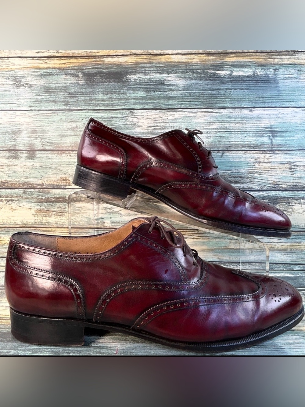 Salvatore Ferragamo Wingtip Oxford Shoes Mens US Size 10.5N Burgundy Leather